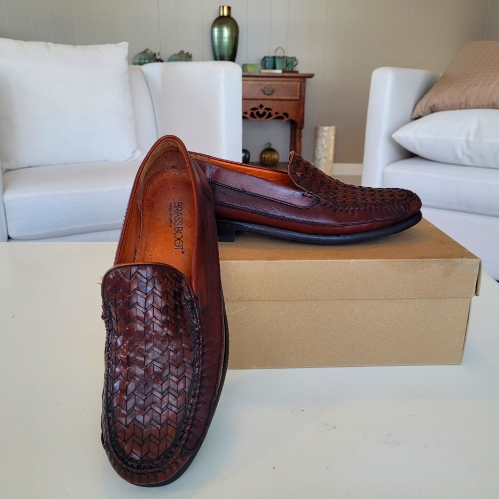 Men's Cognac  Brassboot Woven Leather Loafers Size 10.5